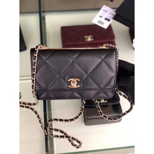 Geantă Chanel cu clapă din piele de miel, metal auriu 3798 neagră