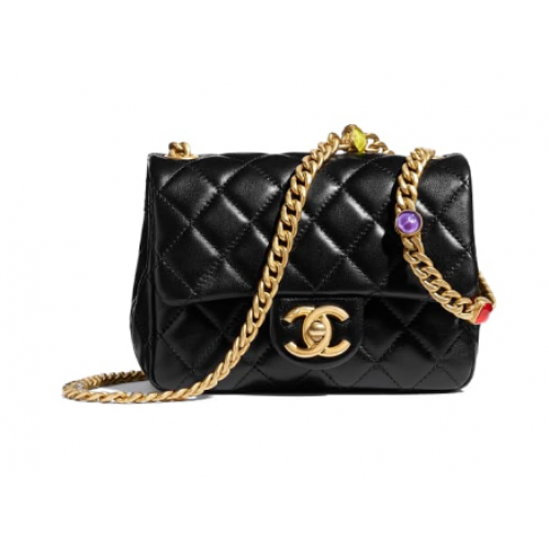 Geantă Chanel cu clapă, piele de miel, rășină, metal auriu AS2379 Negru