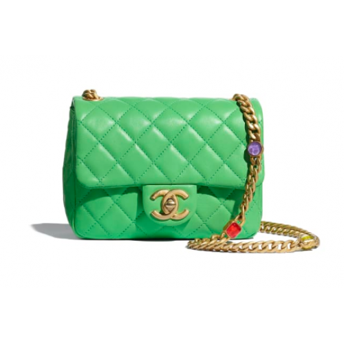 Geantă Chanel cu clapă din piele de miel, rășină, metal auriu AS2379 verde