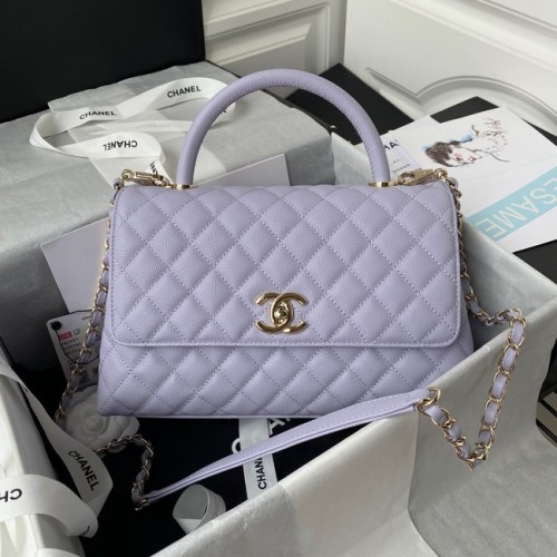 Geantă Chanel cu clapă și mâner superior Piele de vițel granulată, metal auriu A92991 violet deschis
