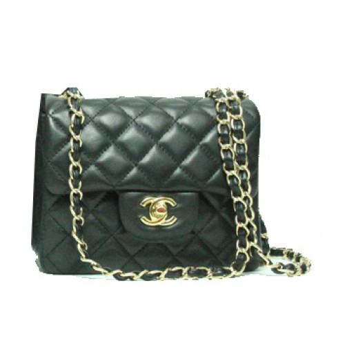 Geantă Chanel mini Classic Flap din piele neagră cu lanț de aur 1115