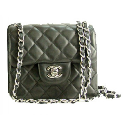 Geantă Chanel mini Classic Flap din piele neagră cu lanț argintiu 1115