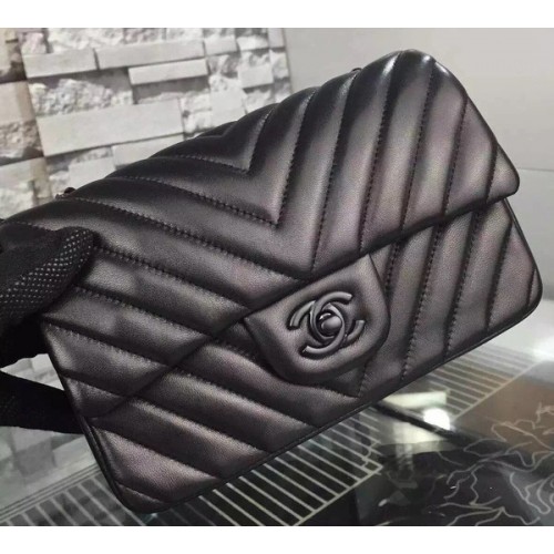 Geantă Chanel mini Classic Flap neagră din piele de oaie originală cu model chevron CHA5500 neagră