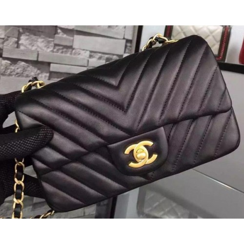 Geantă Chanel mini Classic Flap neagră, piele originală din piele Chevron CHA5500 aurie