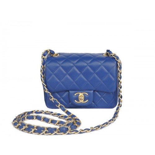Geantă Chanel mini Classic cu clapă albastră, piele de sheek originală CHA1115 aurie