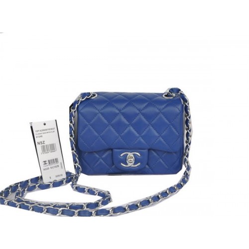 Geantă Chanel mini Classic Flap, albastră, originală, din piele de sheek CHA1115, argintie