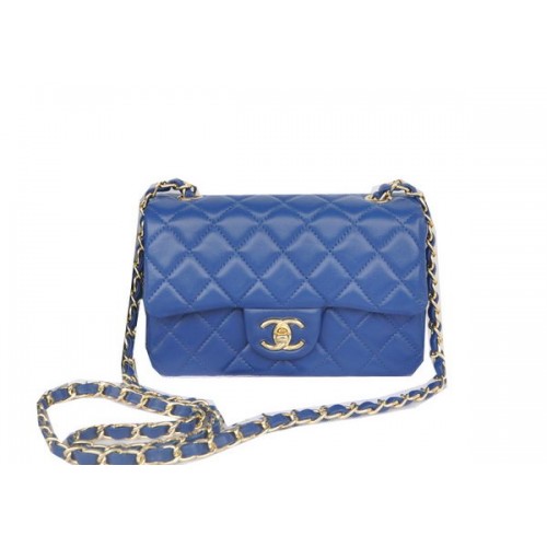 Geantă Chanel mini Classic Flap, albastră, originală, din piele de sheek CHA1116, aurie