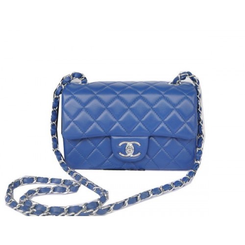 Geantă Chanel mini Classic Flap, albastră, din piele de sheek originală CHA1116, argintie