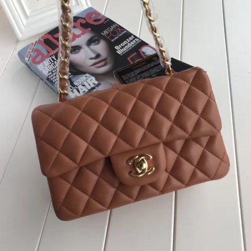 Geantă Chanel mini Classic Flap, maro, piele de oaie originală A1116, auriu