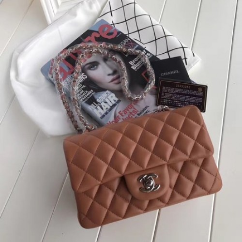 Geantă Chanel mini Classic cu clapă, maro, din piele de oaie originală A1116 argintie