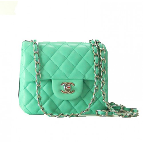 Geantă Chanel mini Classic Flap din piele verde 1115 cu lanț argintiu