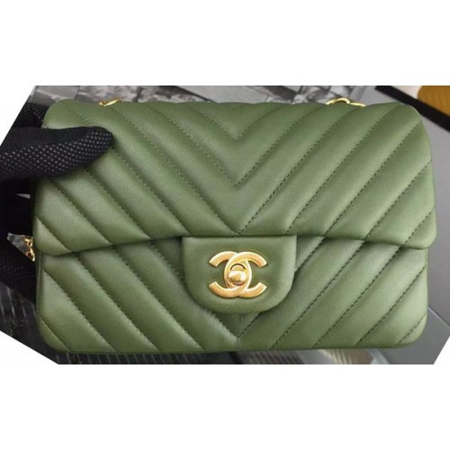 Geantă Chanel mini Classic Flap, verde, piele originală din piele Chevron CHA5500 aurie