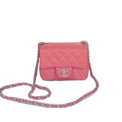 Geantă Chanel mini Classic Flap, culoare roșie deschisă, din piele de sheek originală 1115, argintie