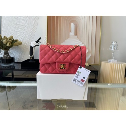 Geantă Chanel mini Classic Flap din piele de oaie originală A1116 Roșu pepene verde și metal auriu