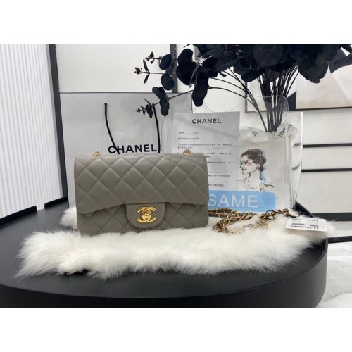 Geantă Chanel mini Classic Flap din piele de oaie originală A1116 gri și metal auriu