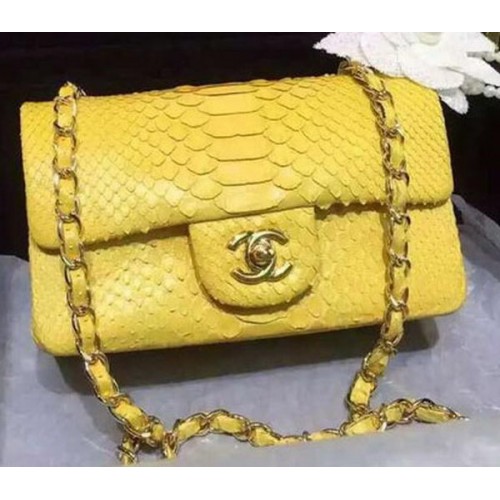 Geantă Chanel mini Classic Flap, piele originală de șarpe A1116 galbenă