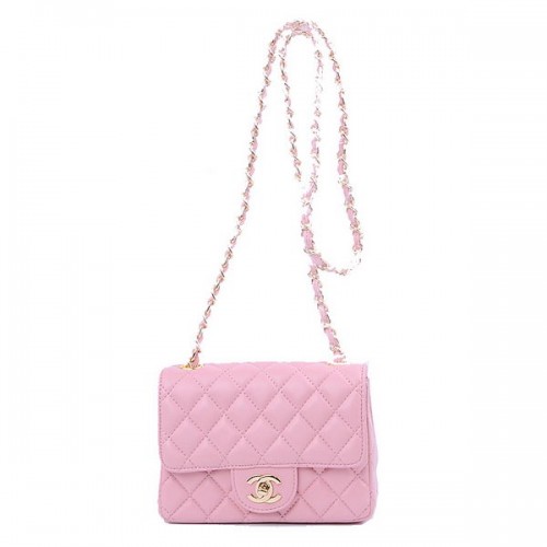 Geantă Chanel mini Classic Flap, piele de sheek roz 1115 aurie