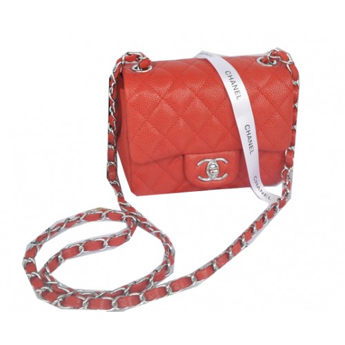 Geantă Chanel mini Classic Flap, model Cannage roșu, 1115 argintiu