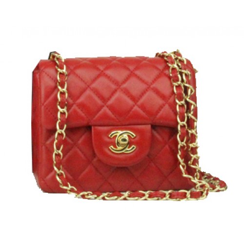Geantă Chanel mini Classic Flap din piele roșie cu lanț de aur 1115