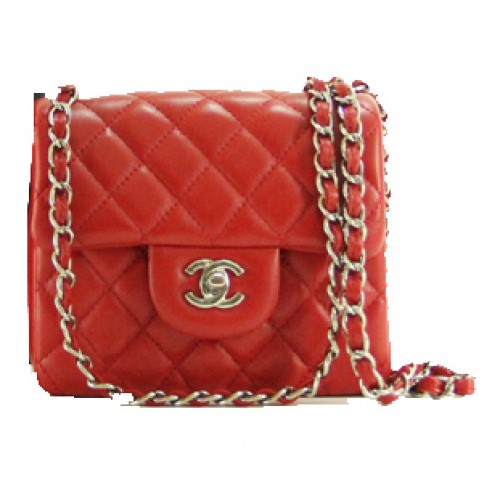 Geantă Chanel mini Classic Flap din piele roșie 1115 cu lanț argintiu