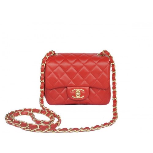 Geantă Chanel mini Classic Flap, roșie, originală, din piele de sheek CHA1115, aurie