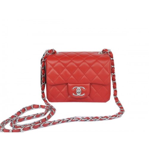 Geantă Chanel mini Classic Flap, roșie, originală, din piele de sheek CHA1115, argintie