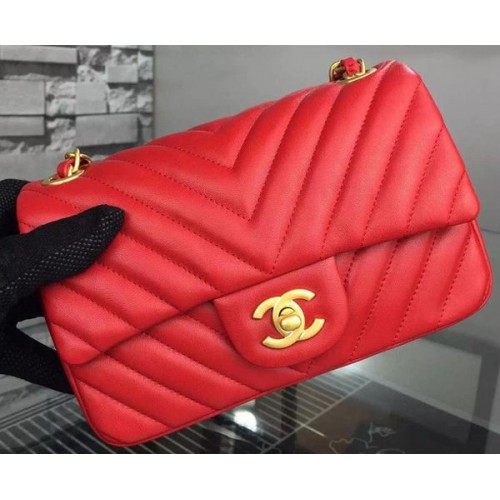 Geantă Chanel mini Classic Flap, piele de oaie originală, model Chevron, roșie, CHA5500, aurie