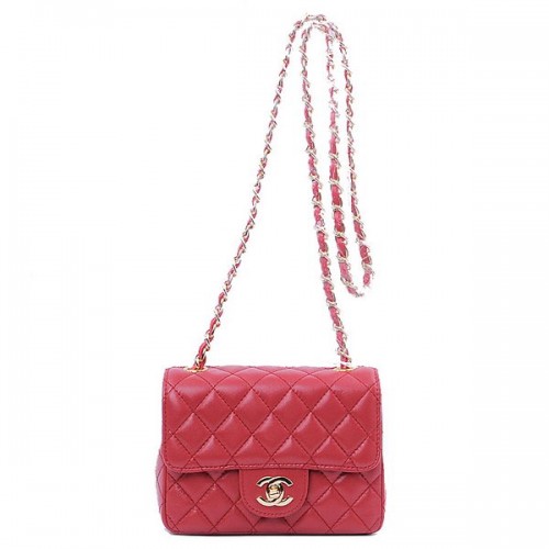 Geantă Chanel mini Classic Flap, piele de sheek roșie 1115 aurie