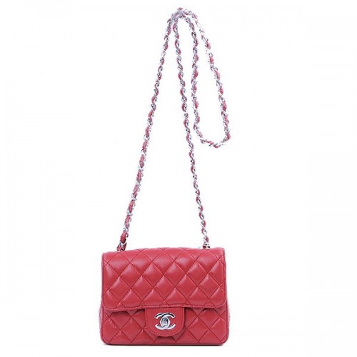 Geantă Chanel mini Classic Flap, piele de sheek roșie 1115 argintie