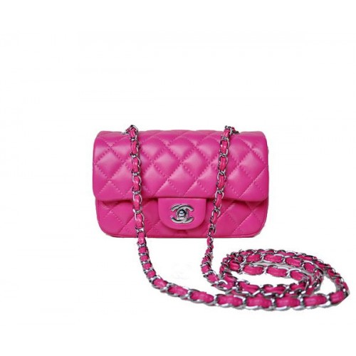 Geantă Chanel mini Classic Flap, piele de sheek roz 1117 argintie