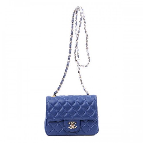 Geantă Chanel mini Classic Flap, Albastru Regal, din piele de sheek 1115, aurie