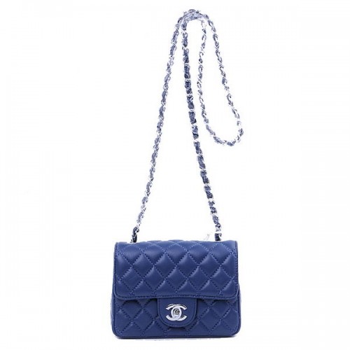 Geantă Chanel mini Classic Flap, Albastru Regal, din piele de sheek 1115, argintie
