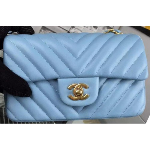 Geantă Chanel mini Classic Flap, piele de oaie originală, culoare albastru-cenușiu, model Chevron CHA5500, aurie