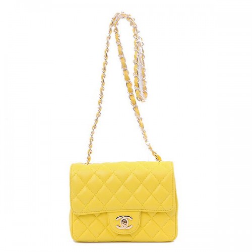 Geantă Chanel mini Classic Flap, piele de sheek galbenă 1115 aurie