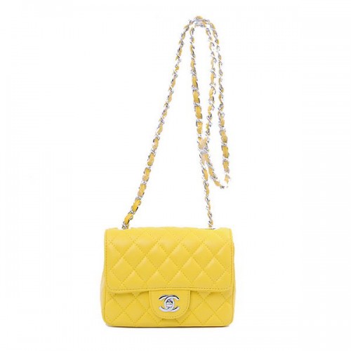 Geantă Chanel mini Classic Flap, piele de sheek galbenă 1115 argintie