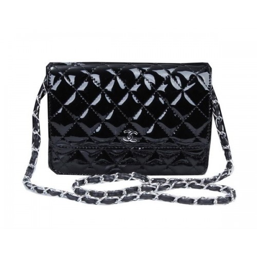 Geantă Chanel mini cu clapă A33814 Negru Piele lăcuită Argintiu