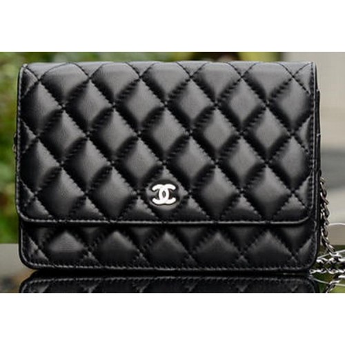 Geantă Chanel mini cu clapă din piele neagră din piele de oaie A33814 argintie