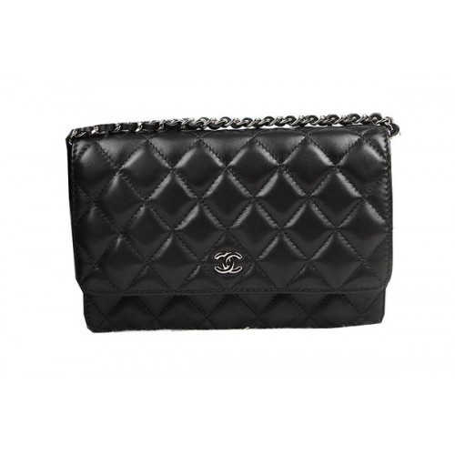 Geantă Chanel mini cu clapă CHA33814 Negru Original din piele de oaie argintie