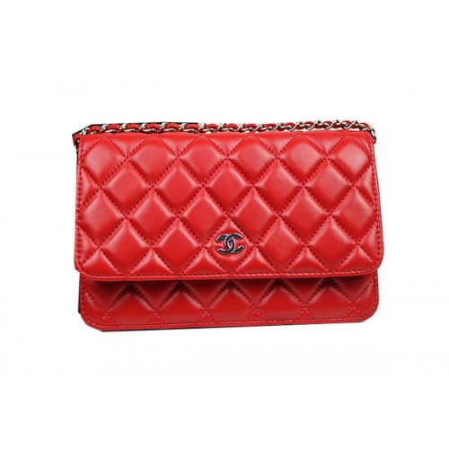 Geantă Chanel mini cu clapă CHA33814 Roșie Originală din piele de oaie argintie