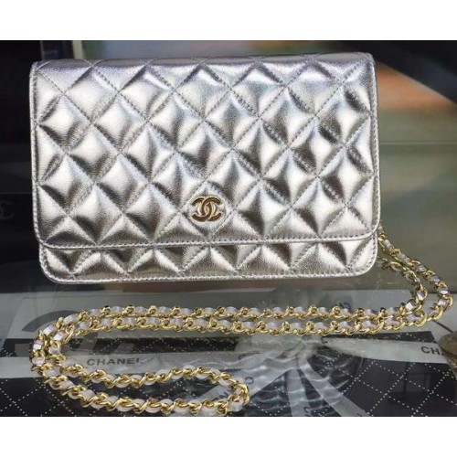 Geantă Chanel mini Flap, model Cannage argintiu A8373 auriu