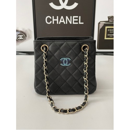 Geantă de umăr Chanel mini din piele de vițel granulată și metal auriu AB3176 neagră