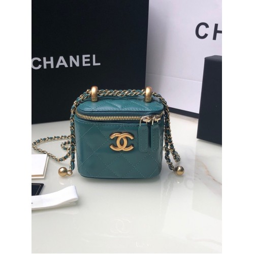 Geantă de umăr Chanel mini din piele de miel, metal auriu AP2292 albastru