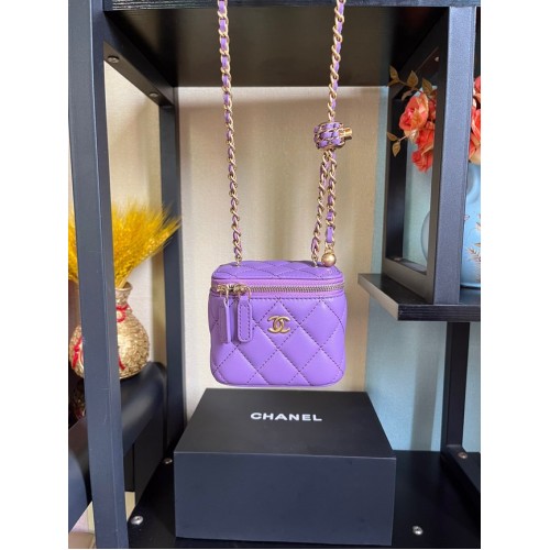 Geantă de umăr Chanel mini din piele de miel, metal auriu AP2929 violet