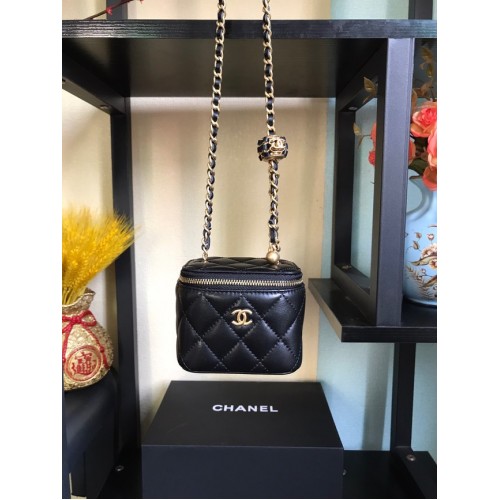 Geantă de umăr Chanel mini din piele de miel, metal auriu AP2929 neagră