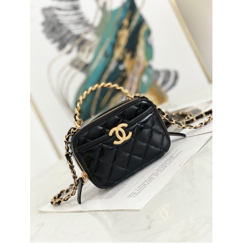Geantă de umăr Chanel mini din piele de miel, metal auriu AS2178 neagră