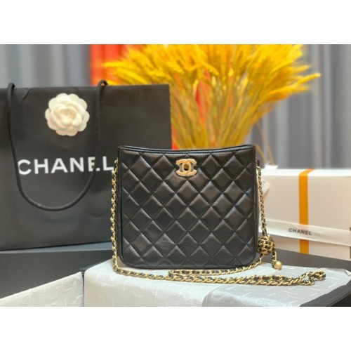 Geantă de umăr Chanel mini din piele de miel și metal auriu AS3259 neagră