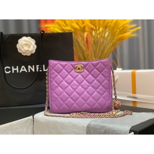 Geantă de umăr Chanel mini din piele de miel și metal auriu AS3259 violet