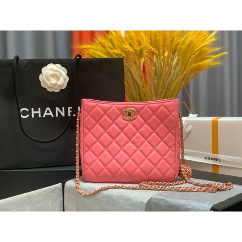 Geantă de umăr Chanel mini din piele de miel și metal auriu AS3259 roz