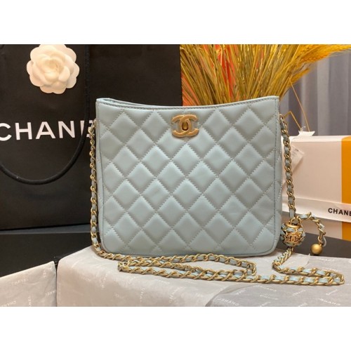 Geantă de umăr Chanel mini din piele de miel și metal auriu AS3259 albastru deschis
