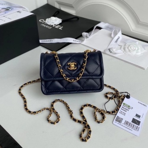 Geantă Chanel mini cu clapă din piele de oaie, metal auriu AP1738 albastru regal